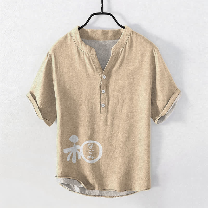 Buddha Stones Camisa de manga corta con medio botón para hombre, modelo Cotton Wa Crest Script Pattern - Beige - US/UK/AU50, EU60 (5XL) - image 5