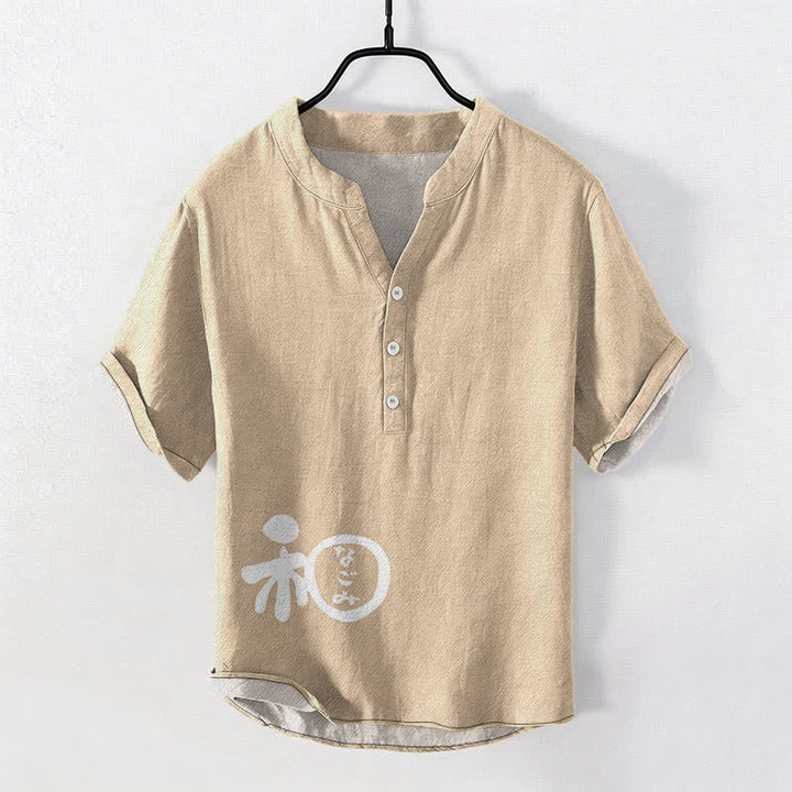 Buddha Stones Camisa de manga corta con medio botón para hombre, modelo Cotton Wa Crest Script Pattern - Beige - US/UK/AU50, EU60 (5XL) - image 5