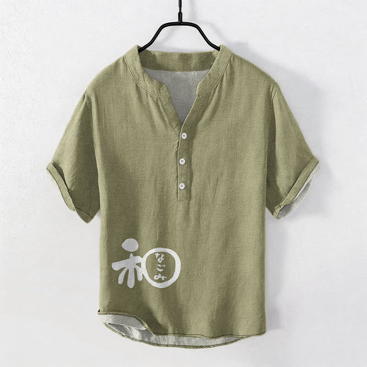 Buddha Stones Camisa de manga corta con medio botón para hombre, modelo Cotton Wa Crest Script Pattern - Aceituna - US/UK/AU50, EU60 (5XL) - image 7
