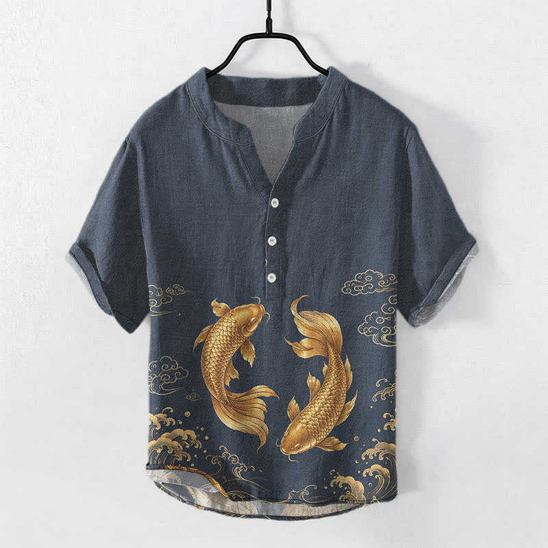 Buddha Stones Camisa de manga corta con medio botón y estampado de peces koi dorados para hombre, de algodón. - Azul medianoche - US/UK/AU50, EU60 (5XL) - image 0