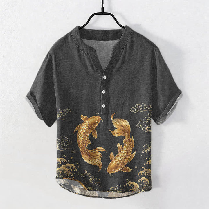 Buddha Stones Camisa de manga corta con medio botón y estampado de peces koi dorados para hombre, de algodón. - Negro - US/UK/AU50, EU60 (5XL) - image 5