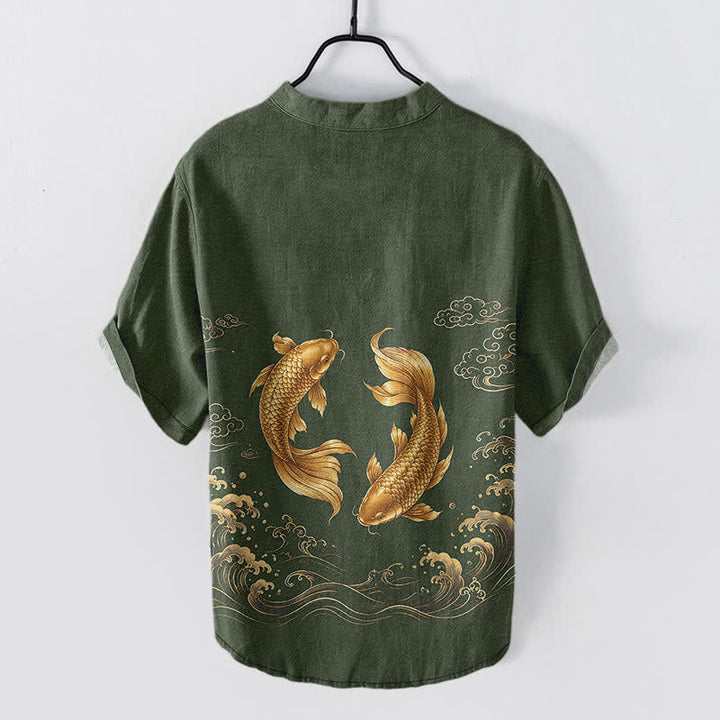 Buddha Stones Camisa de manga corta con medio botón y estampado de peces koi dorados para hombre, de algodón. - image 8