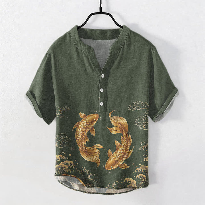 Buddha Stones Camisa de manga corta con medio botón y estampado de peces koi dorados para hombre, de algodón. - Verde oliva oscuro - US/UK/AU50, EU60 (5XL) - image 7