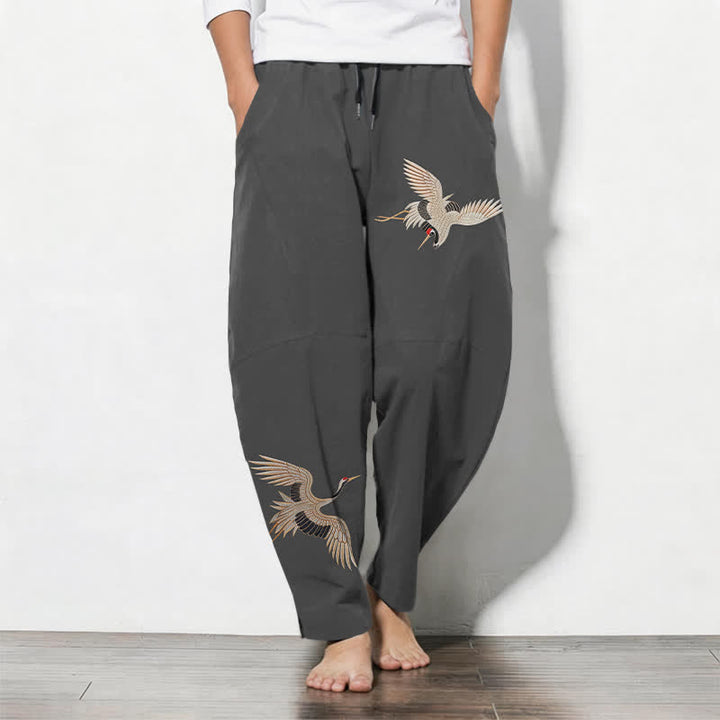 Buddha Stones Pantalones de hombre de algodón puro con estampado de grullas gemelas, cordón ajustable y corte cónico, con bolsillos. - Gris oscuro - US/UK/AU50, EU60 (5XL) - image 0
