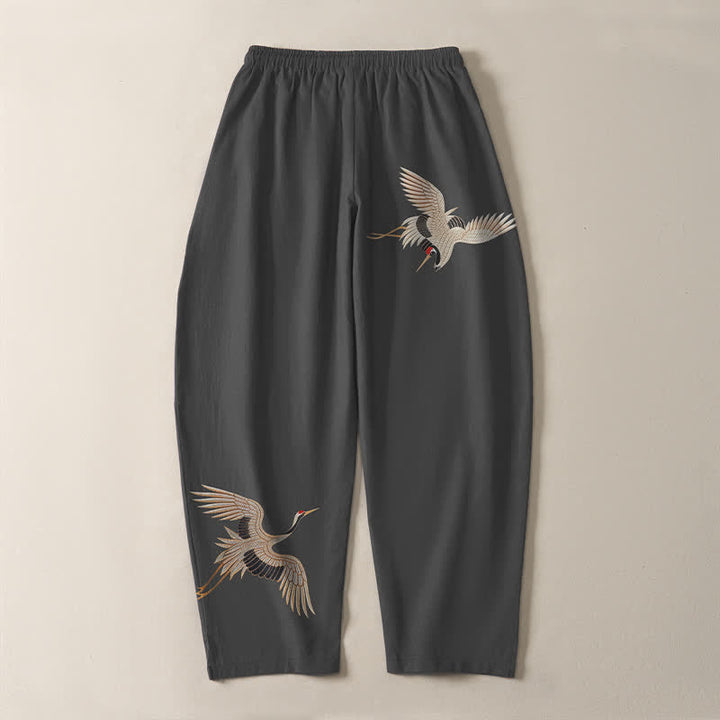 Buddha Stones Pantalones de hombre de algodón puro con estampado de grullas gemelas, cordón ajustable y corte cónico, con bolsillos. - image 3