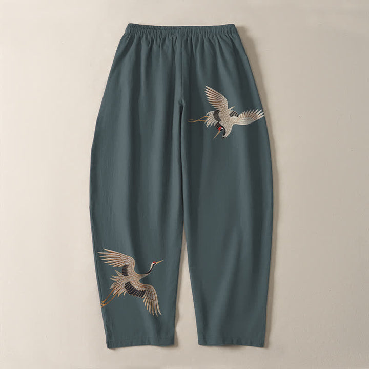 Buddha Stones Pantalones de hombre de algodón puro con estampado de grullas gemelas, cordón ajustable y corte cónico, con bolsillos. - image 10