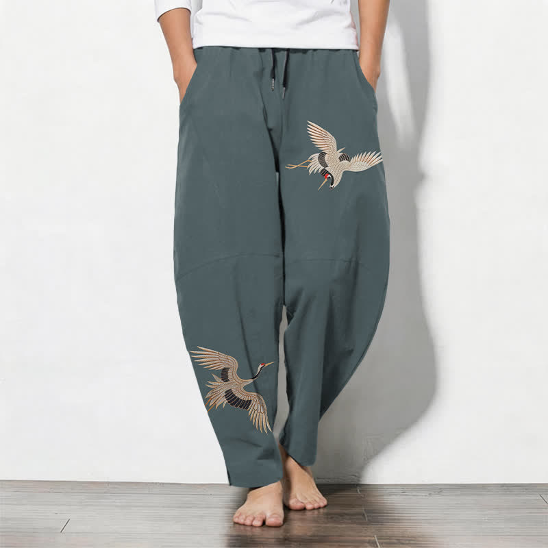 Buddha Stones Pantalones de hombre de algodón puro con estampado de grullas gemelas, cordón ajustable y corte cónico, con bolsillos. - Azul cadete - US/UK/AU50, EU60 (5XL) - image 7
