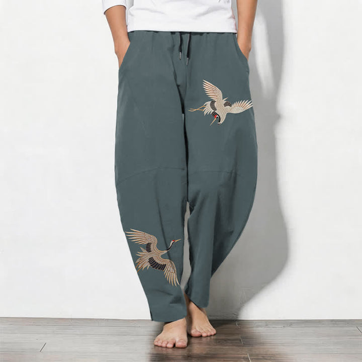 Buddha Stones Pantalones de hombre de algodón puro con estampado de grullas gemelas, cordón ajustable y corte cónico, con bolsillos. - Azul cadete - US/UK/AU50, EU60 (5XL) - image 7