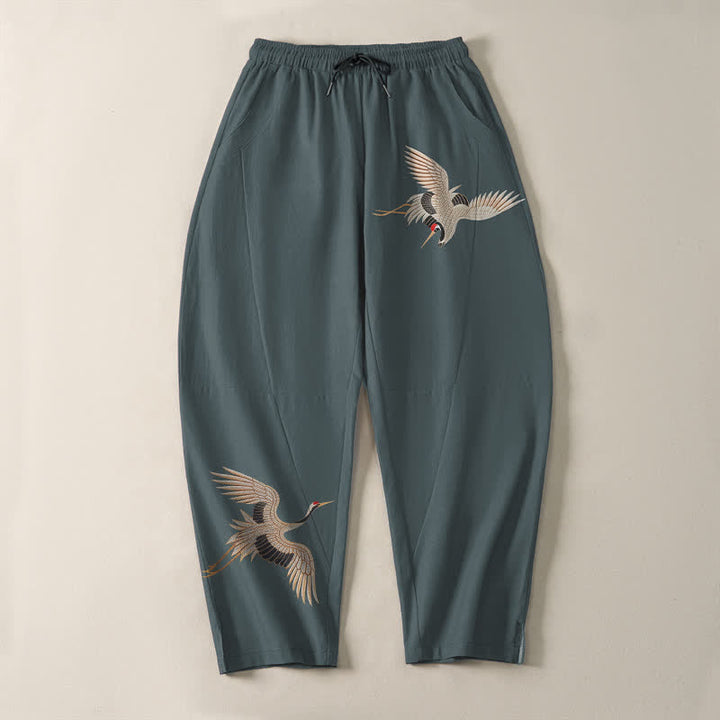 Buddha Stones Pantalones de hombre de algodón puro con estampado de grullas gemelas, cordón ajustable y corte cónico, con bolsillos. - image 9