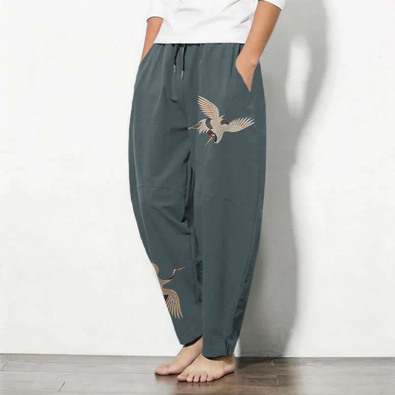 Buddha Stones Pantalones de hombre de algodón puro con estampado de grullas gemelas, cordón ajustable y corte cónico, con bolsillos. - image 8