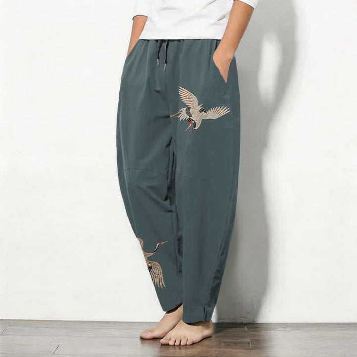Buddha Stones Pantalones de hombre de algodón puro con estampado de grullas gemelas, cordón ajustable y corte cónico, con bolsillos. - image 8