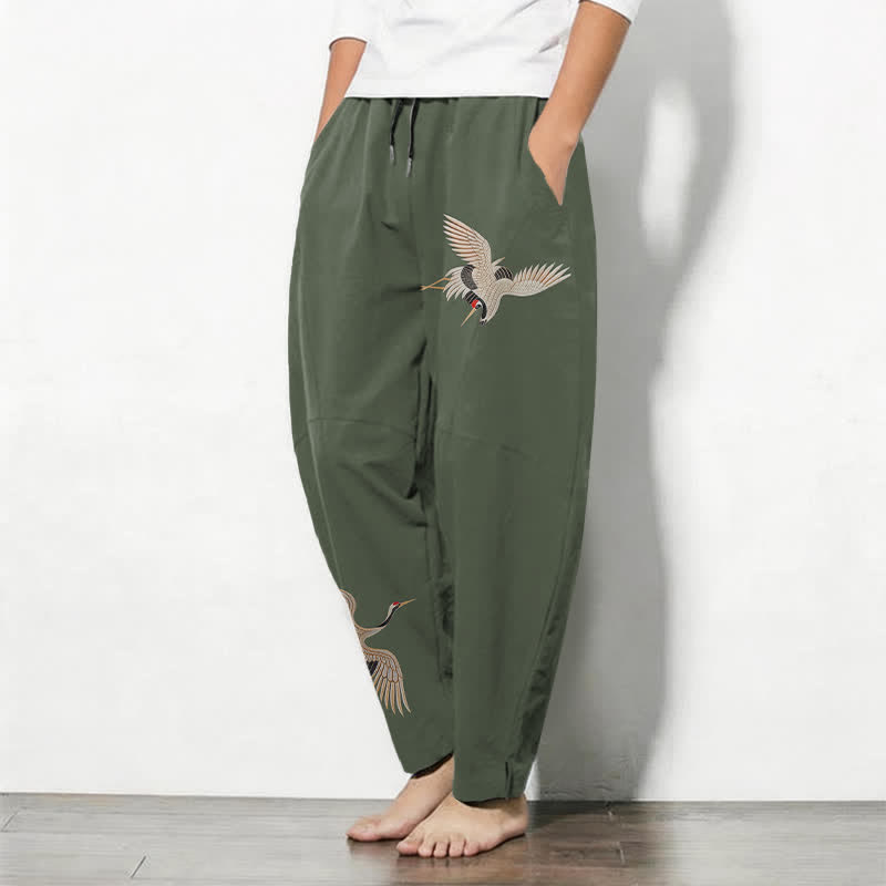 Buddha Stones Pantalones de hombre de algodón puro con estampado de grullas gemelas, cordón ajustable y corte cónico, con bolsillos. - image 12
