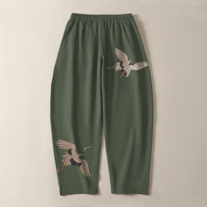 Buddha Stones Pantalones de hombre de algodón puro con estampado de grullas gemelas, cordón ajustable y corte cónico, con bolsillos. - image 14