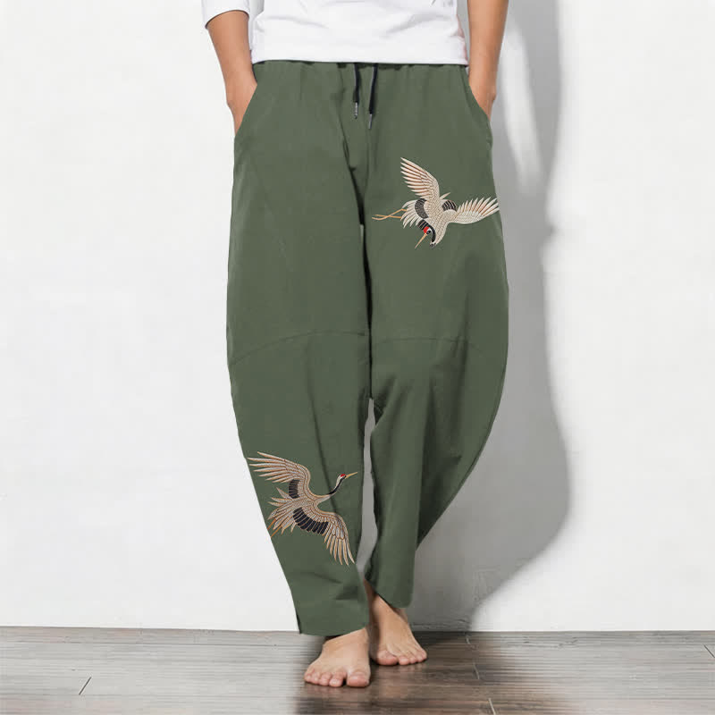 Buddha Stones Pantalones de hombre de algodón puro con estampado de grullas gemelas, cordón ajustable y corte cónico, con bolsillos. - Verde oliva oscuro - US/UK/AU50, EU60 (5XL) - image 11