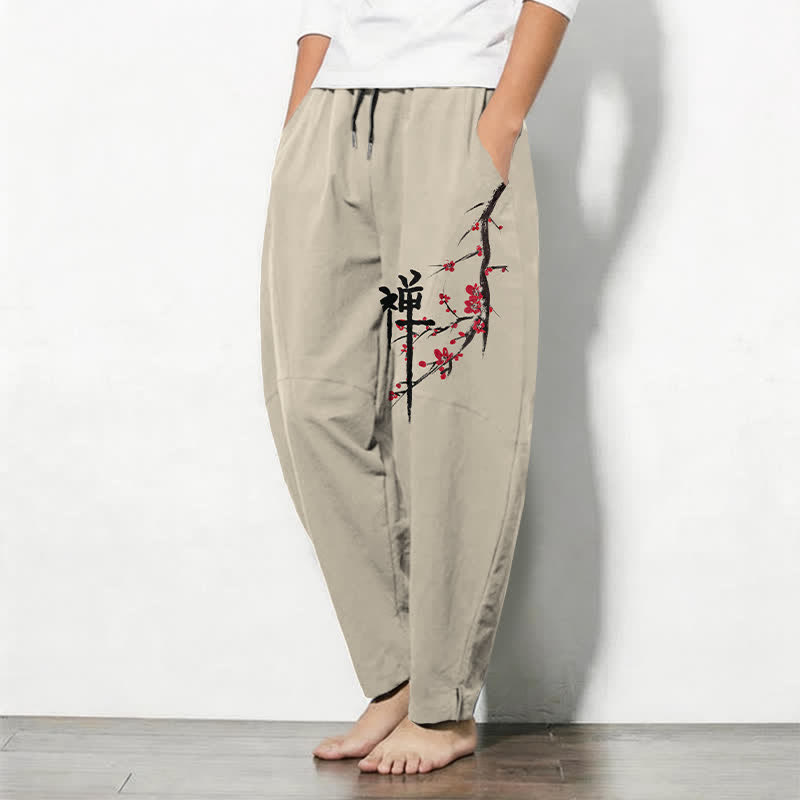 Buddha Stones Pantalones de hombre de algodón puro con estampado de flores de ciruelo Zen, cordón ajustable y corte cónico, con bolsillos. - image 1