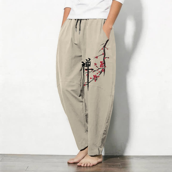 Buddha Stones Pantalones de hombre de algodón puro con estampado de flores de ciruelo Zen, cordón ajustable y corte cónico, con bolsillos. - image 1