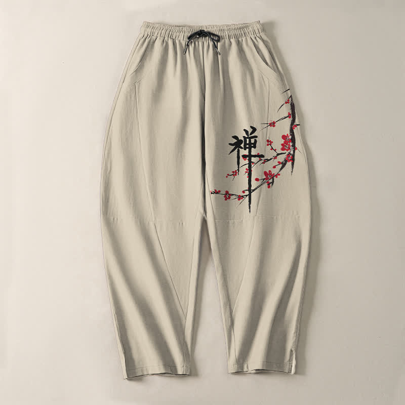 Buddha Stones Pantalones de hombre de algodón puro con estampado de flores de ciruelo Zen, cordón ajustable y corte cónico, con bolsillos. - image 2