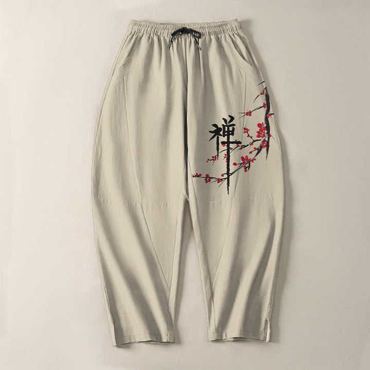 Buddha Stones Pantalones de hombre de algodón puro con estampado de flores de ciruelo Zen, cordón ajustable y corte cónico, con bolsillos. - image 2