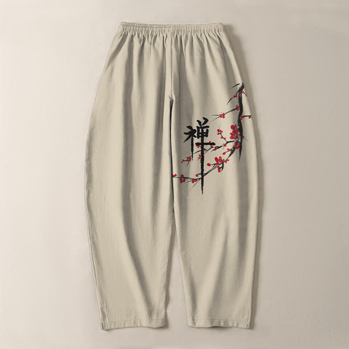 Buddha Stones Pantalones de hombre de algodón puro con estampado de flores de ciruelo Zen, cordón ajustable y corte cónico, con bolsillos. - image 3