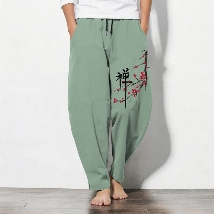 Buddha Stones Pantalones de hombre de algodón puro con estampado de flores de ciruelo Zen, cordón ajustable y corte cónico, con bolsillos. - Verde mar oscuro - US/UK/AU50, EU60 (5XL) - image 7