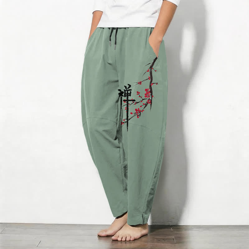 Buddha Stones Pantalones de hombre de algodón puro con estampado de flores de ciruelo Zen, cordón ajustable y corte cónico, con bolsillos. - image 8