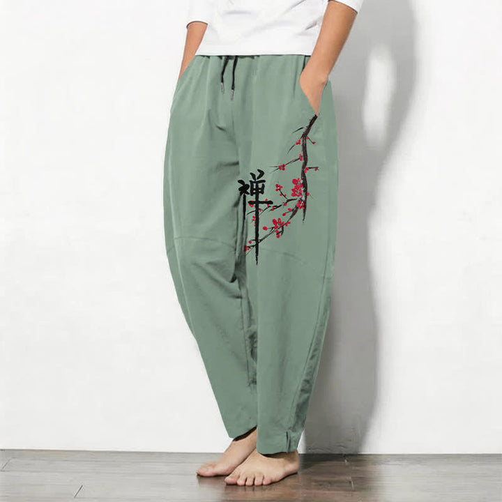 Buddha Stones Pantalones de hombre de algodón puro con estampado de flores de ciruelo Zen, cordón ajustable y corte cónico, con bolsillos. - image 8