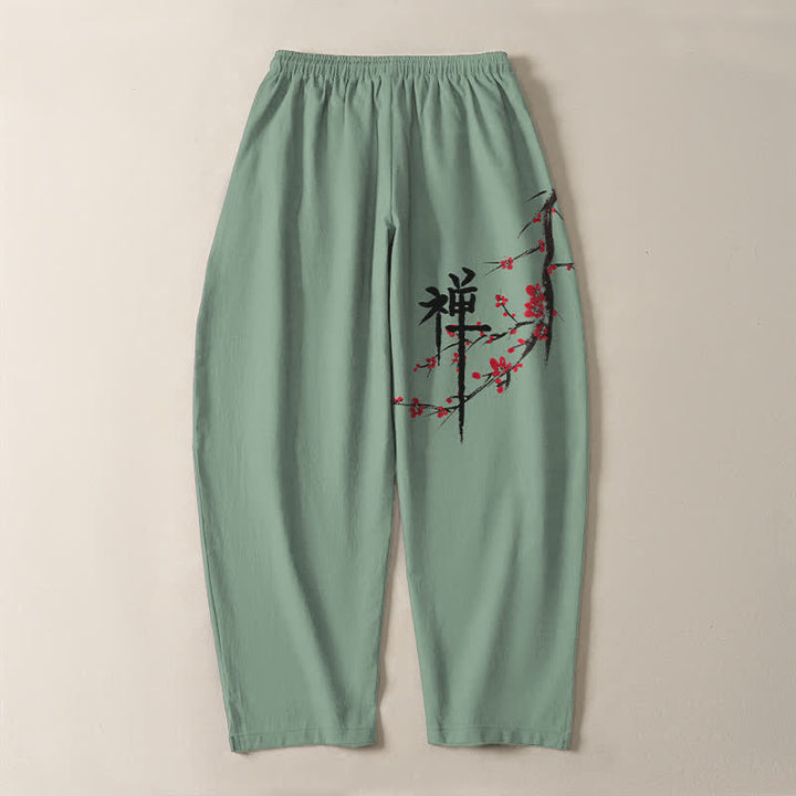 Buddha Stones Pantalones de hombre de algodón puro con estampado de flores de ciruelo Zen, cordón ajustable y corte cónico, con bolsillos. - image 10