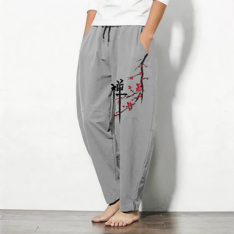 Buddha Stones Pantalones de hombre de algodón puro con estampado de flores de ciruelo Zen, cordón ajustable y corte cónico, con bolsillos. - image 12