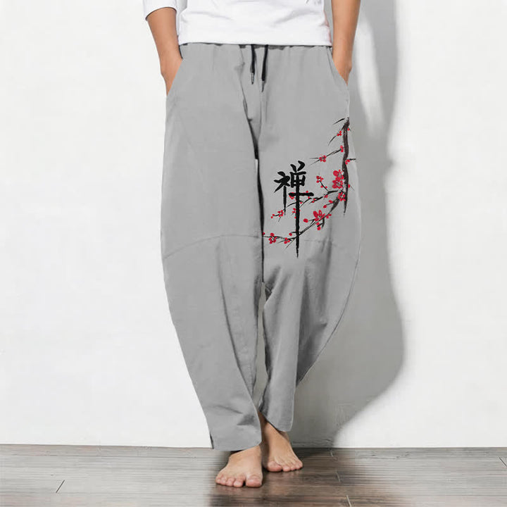 Buddha Stones Pantalones de hombre de algodón puro con estampado de flores de ciruelo Zen, cordón ajustable y corte cónico, con bolsillos. - Gris claro - US/UK/AU50, EU60 (5XL) - image 11