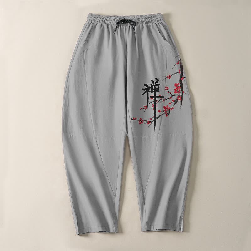 Buddha Stones Pantalones de hombre de algodón puro con estampado de flores de ciruelo Zen, cordón ajustable y corte cónico, con bolsillos. - image 13