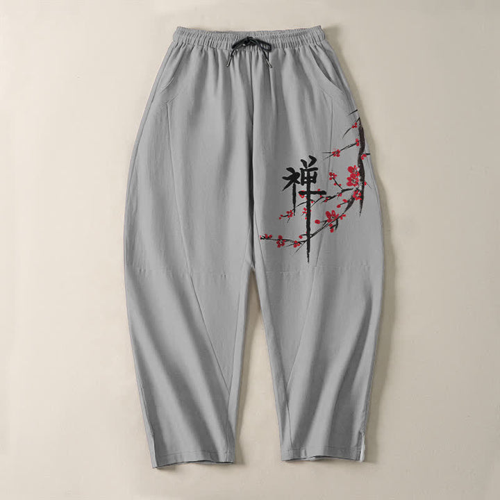 Buddha Stones Pantalones de hombre de algodón puro con estampado de flores de ciruelo Zen, cordón ajustable y corte cónico, con bolsillos. - image 13