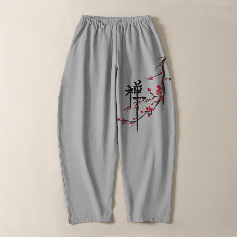 Buddha Stones Pantalones de hombre de algodón puro con estampado de flores de ciruelo Zen, cordón ajustable y corte cónico, con bolsillos. - image 14