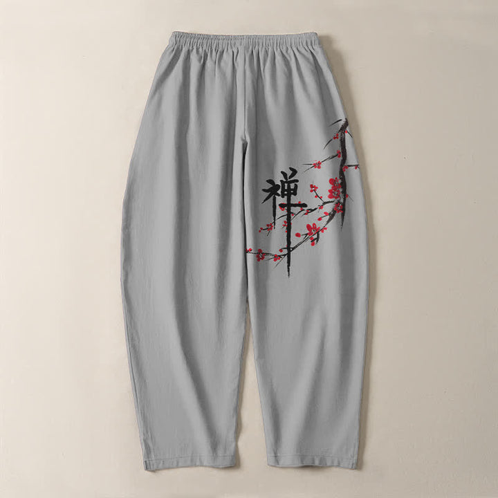 Buddha Stones Pantalones de hombre de algodón puro con estampado de flores de ciruelo Zen, cordón ajustable y corte cónico, con bolsillos. - image 14