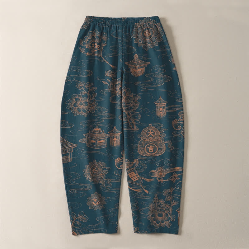 Buddha Stones Pantalones de hombre de algodón puro con estampado de nubes Lotus Pavilion, cordón ajustable y corte cónico, con bolsillos. - image 3