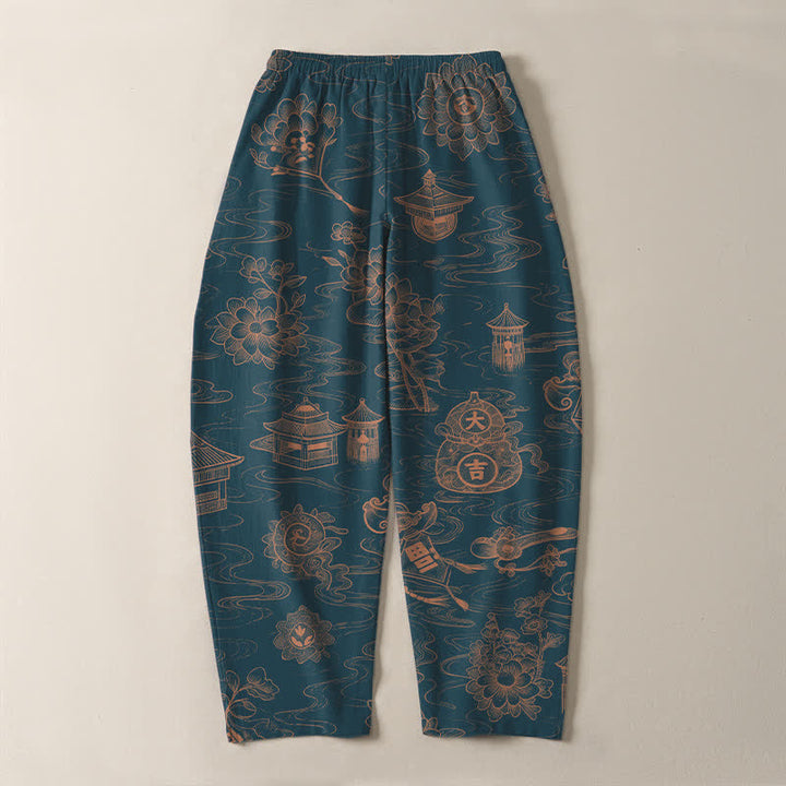Buddha Stones Pantalones de hombre de algodón puro con estampado de nubes Lotus Pavilion, cordón ajustable y corte cónico, con bolsillos. - image 3