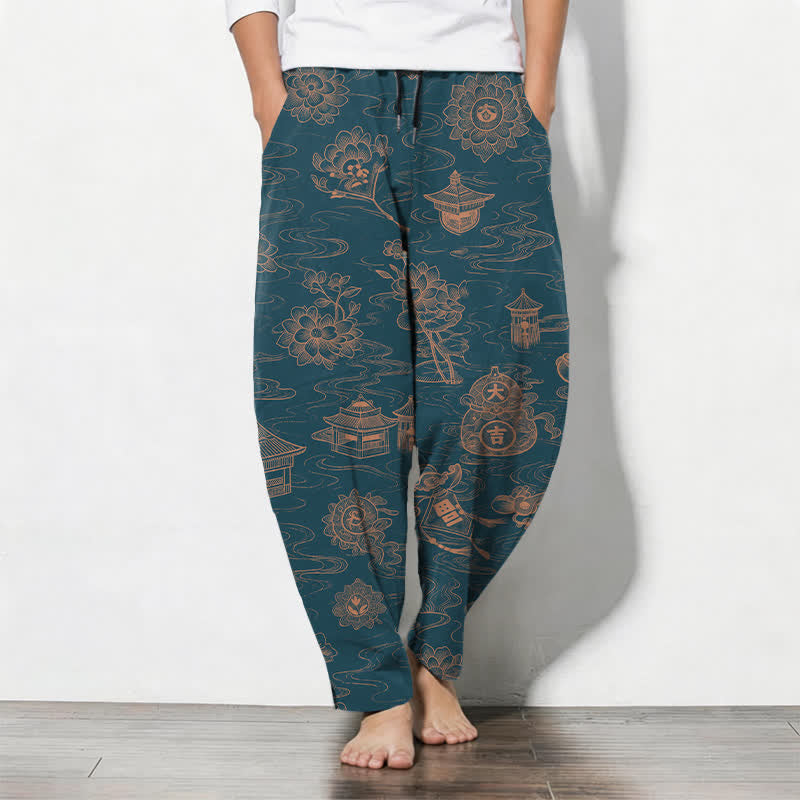 Buddha Stones Pantalones de hombre de algodón puro con estampado de nubes Lotus Pavilion, cordón ajustable y corte cónico, con bolsillos. - Verde azulado - US/UK/AU50, EU60 (5XL) - image 0