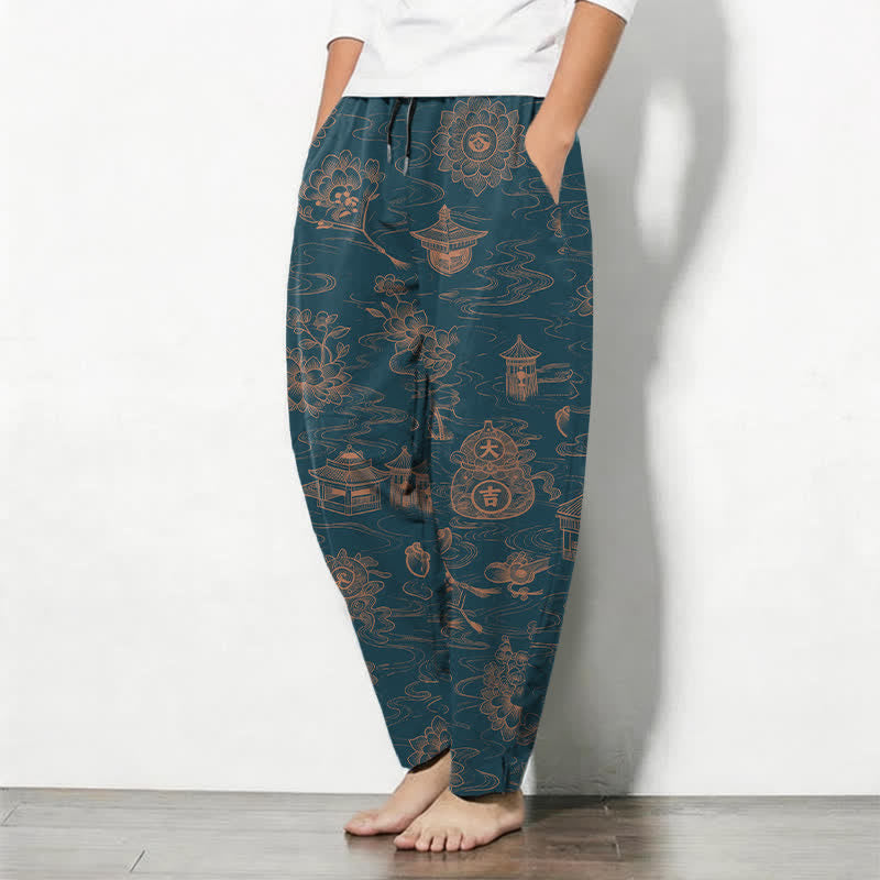 Buddha Stones Pantalones de hombre de algodón puro con estampado de nubes Lotus Pavilion, cordón ajustable y corte cónico, con bolsillos. - image 1