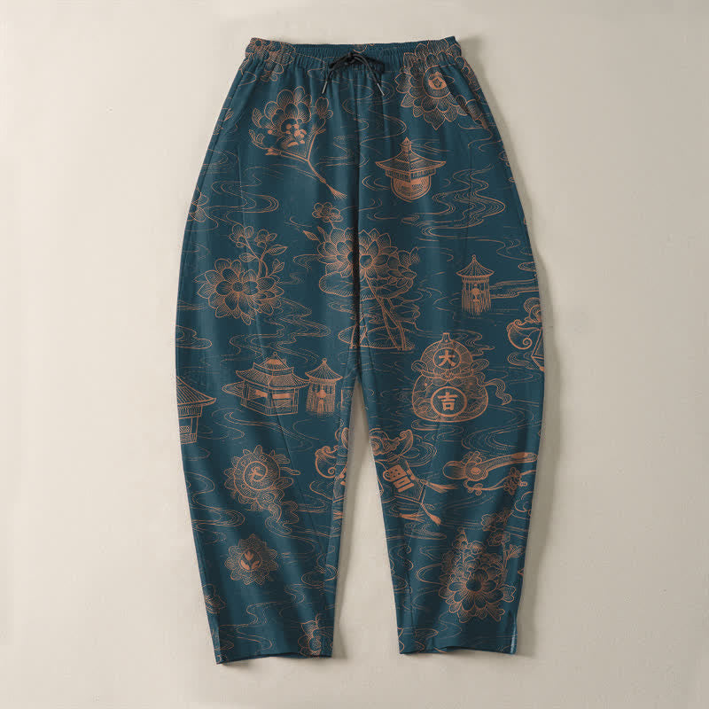 Buddha Stones Pantalones de hombre de algodón puro con estampado de nubes Lotus Pavilion, cordón ajustable y corte cónico, con bolsillos. - image 2