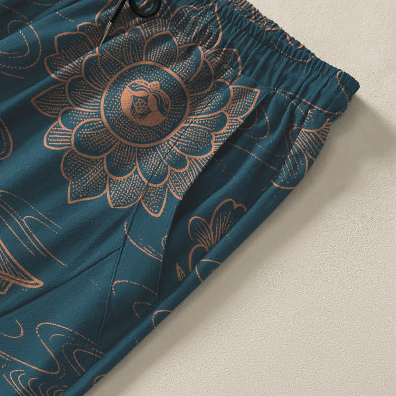 Buddha Stones Pantalones de hombre de algodón puro con estampado de nubes Lotus Pavilion, cordón ajustable y corte cónico, con bolsillos. - image 4