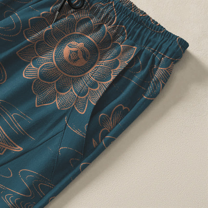 Buddha Stones Pantalones de hombre de algodón puro con estampado de nubes Lotus Pavilion, cordón ajustable y corte cónico, con bolsillos. - image 4