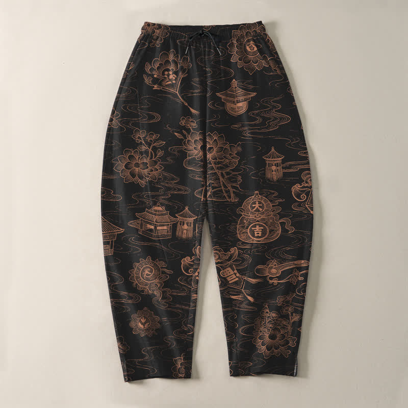 Buddha Stones Pantalones de hombre de algodón puro con estampado de nubes Lotus Pavilion, cordón ajustable y corte cónico, con bolsillos. - image 9