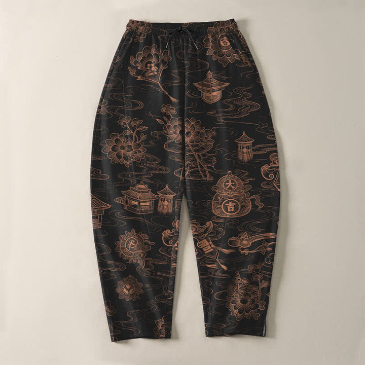 Buddha Stones Pantalones de hombre de algodón puro con estampado de nubes Lotus Pavilion, cordón ajustable y corte cónico, con bolsillos. - image 9