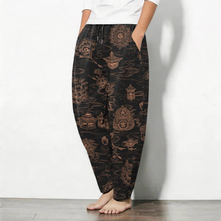 Buddha Stones Pantalones de hombre de algodón puro con estampado de nubes Lotus Pavilion, cordón ajustable y corte cónico, con bolsillos. - image 8