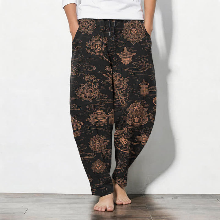 Buddha Stones Pantalones de hombre de algodón puro con estampado de nubes Lotus Pavilion, cordón ajustable y corte cónico, con bolsillos. - Negro - US/UK/AU50, EU60 (5XL) - image 7