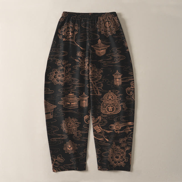 Buddha Stones Pantalones de hombre de algodón puro con estampado de nubes Lotus Pavilion, cordón ajustable y corte cónico, con bolsillos. - image 10