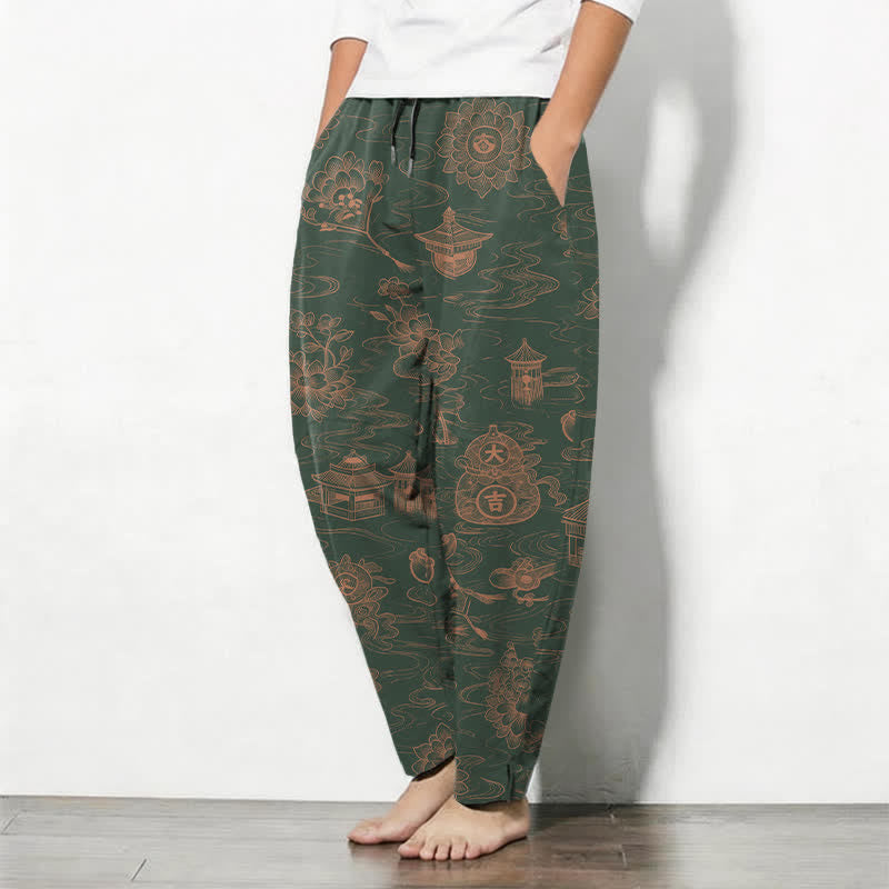 Buddha Stones Pantalones de hombre de algodón puro con estampado de nubes Lotus Pavilion, cordón ajustable y corte cónico, con bolsillos. - image 12