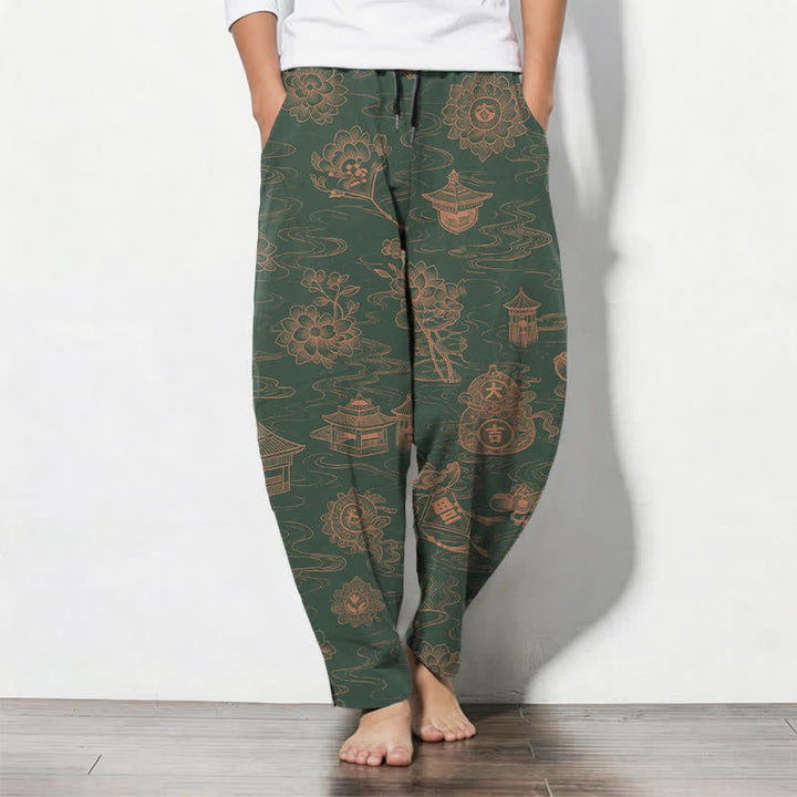 Buddha Stones Pantalones de hombre de algodón puro con estampado de nubes Lotus Pavilion, cordón ajustable y corte cónico, con bolsillos. - Verde oscuro - US/UK/AU50, EU60 (5XL) - image 11