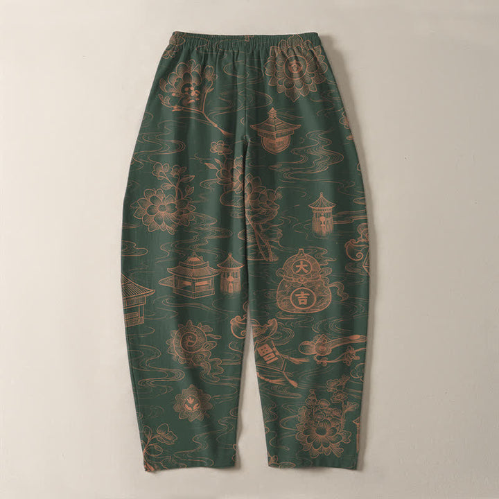 Buddha Stones Pantalones de hombre de algodón puro con estampado de nubes Lotus Pavilion, cordón ajustable y corte cónico, con bolsillos. - image 14