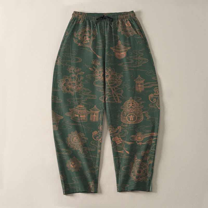 Buddha Stones Pantalones de hombre de algodón puro con estampado de nubes Lotus Pavilion, cordón ajustable y corte cónico, con bolsillos. - image 13