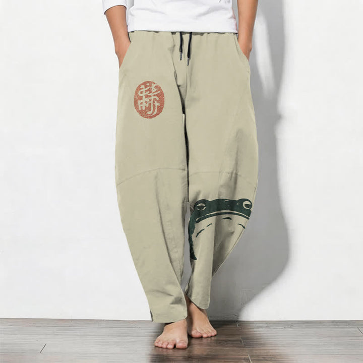 Buddha Stones Pantalones de hombre de algodón puro con estampado de foca y rana, con cordón ajustable y corte ajustado, bolsillos. - Beige - US/UK/AU50, EU60 (5XL) - image 0
